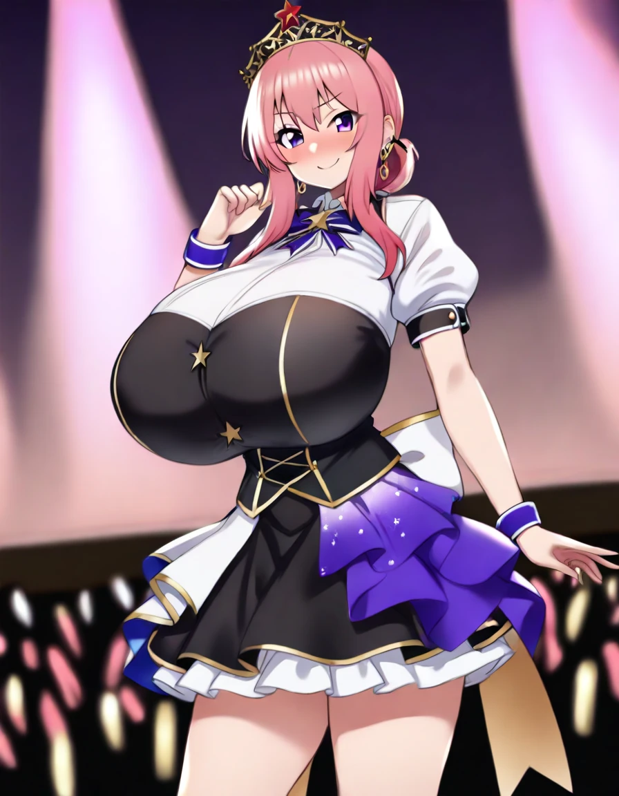 best quality, amazing quality, very aesthetic, absurdres,
1girl, D-Frag!, short pink hair, purple eyes, (gigantic bust:1.4), idol uniform, skirt idol uniform, smile, blush, gold crown, stage, idol stage, night, earings,