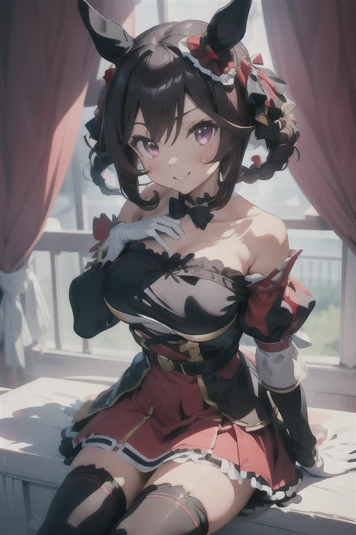 gentildonna,umamusume,1girl, animal ears, solo, purple eyes, horse tail,large breasts,,light smile,best quality,bare shoulders, white gloves, black belt on the chest, red dress, frills, ribbon, black skirt, thighhighs, white legwear, large breasts, hand on own hip, smug,