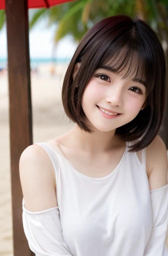 Highest quality, masterpiece, Ultra-high resolution, (Realistic:1.4), Beautiful woman, ((Big Breasts:1.3)), (((Short Bob))), (((Brown ash))), Beautiful Skin, Fine skin, 魅惑的なsmile, Background blur, smile, Hair over the ears, beautiful girl, Fair skin, Voluptuous, Plump body, Eating watermelon、Eating watermelon