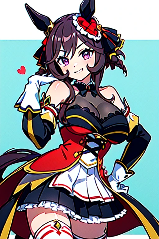 gentildonna,umamusume,1girl, animal ears, solo, purple eyes, horse tail,large breasts,,light smile,best quality,bare shoulders, white gloves, black belt on the chest, red dress, frills, ribbon, black skirt, thighhighs, white legwear, large breasts, hand on own hip, smug,