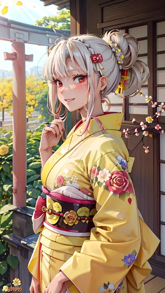 A masterpiece, ultra high definition, ultra HD quality, the most beautiful woman in history, anime, slender body, (large breasts), tall height, small face, well-balanced proportions, Brown skin, (shiny white hair:1.2), (((Updo hair:1.3))), (very long bangs), (has beautiful shining eyes), (clear red eyes), (((shining highlights:1.3))), long eyelashes, pink lips, beautifully precise and delicate hand and finger creation, divine smile, (((Japanese kimono))), (((yellow colored furisode))), (((gorgeous floral kimono))), (red rose accessory:1.2), ((Hairpin)), (small earrings, ring), upper body, Right side view, beautiful standing posture like a fashion model, Japanese shrine, torii gate
