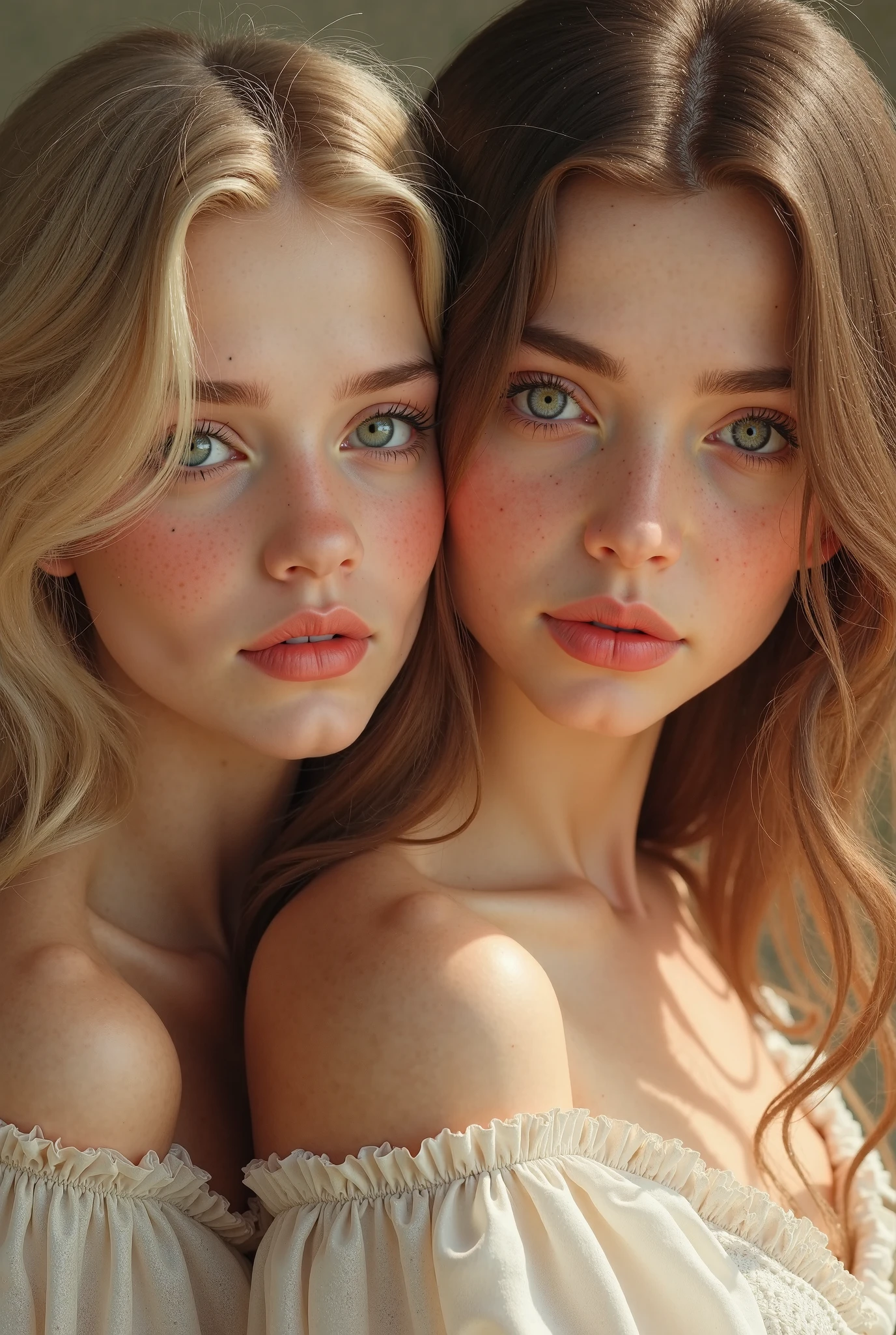 masterpiece, high resolution:1.4, 2girls, angel, skin pores texture, Hair blonde, HD, Photography, movie, cinematic, full Body, (8k, RAW photo, best quality, masterpiece:1.2), (realistic, photo-realistic:1.3), best quality, detailed blue eyes, cute, natural lighting, depth of field, film grain, sharp, detailed and realistic portrait of two women cuddling, freckles:0.1, chapped lips, soft natural lighting, magical photography, dramatic lighting, photo realism, ultra-detailed, Leica 50mm, f1. 4, nude, zoom out to show nipples,