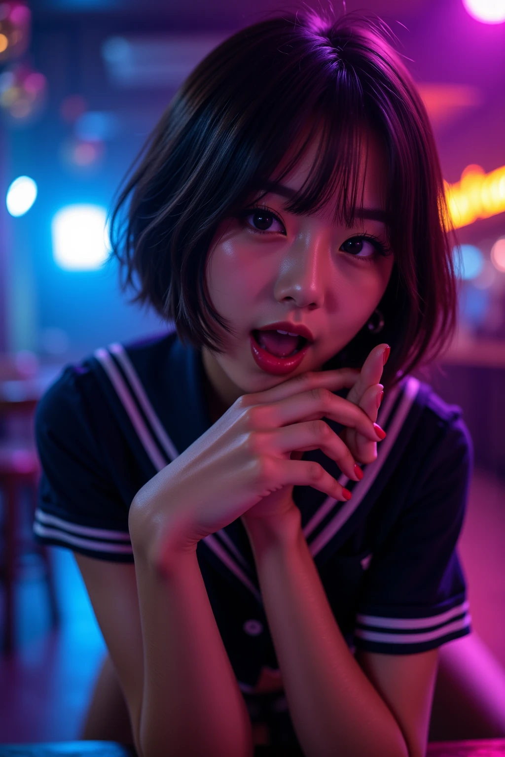 Inside Nightclub, (Raw photo: 1.2), of the highest quality, Beautiful detailed girl,  japanese,18years old,BREAK,(open mouth ,stick out tongue ,fellatio gesture:1.5),,BREAK,(Squint your eyes
,chuckle,erotick eyes,seductive eyes,long tongue,front lighting,:1.3),not too long tongue,BREAK,,(Lightly squeezed hand in front of mouth:1.5), very thin body,High resolution,allfours,8K Wallpaper,Highly detailed eyes and face, Beautiful detailed eyes, Fine detail, Highly detailed ticker uniform 8K wallpaper, Light on Face, Sexy Pose, (Photorealism: 1.4),bright place, From below, Super Detail, masterpiece,  On all fours,looking up,spot lighting,e,front lighting,,not open eyes large,Luminous and colorful lighting setup for model photography,lens flare,, cinematic lighting, ray tracing,(not bad anatomy:1.3)