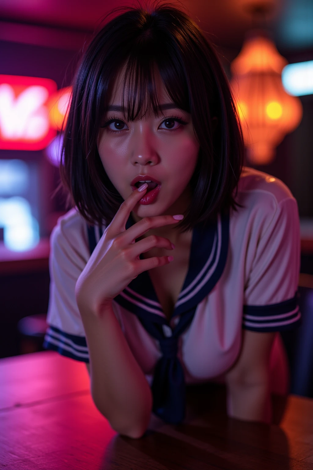 Inside Nightclub, (Raw photo: 1.2), of the highest quality, Beautiful detailed girl,  japanese,18years old,BREAK,(open mouth ,stick out tongue ,fellatio gesture:1.5),,BREAK,(Squint your eyes
,chuckle,erotick eyes,seductive eyes,long tongue,front lighting,:1.3),not too long tongue,BREAK,,(Lightly squeezed hand in front of mouth:1.5), very thin body,High resolution,allfours,8K Wallpaper,Highly detailed eyes and face, Beautiful detailed eyes, Fine detail, Highly detailed ticker uniform 8K wallpaper, Light on Face, Sexy Pose, (Photorealism: 1.4),bright place, From below, Super Detail, masterpiece,  On all fours,looking up,spot lighting,e,front lighting,,not open eyes large,Luminous and colorful lighting setup for model photography,lens flare,, cinematic lighting, ray tracing,(not bad anatomy:1.3)