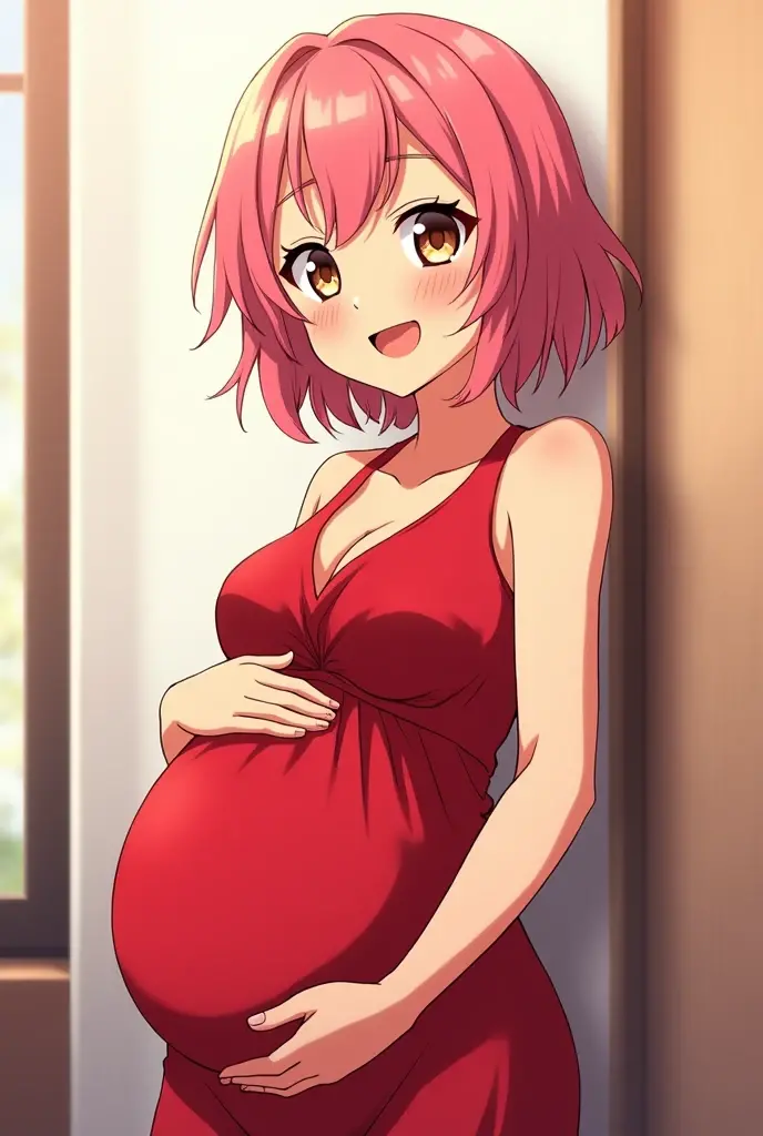 smile, itadori yuji, Red dress , Brown eyes, pink hair, short hair, Estilo anime Jujutsu Kaisen. Six months pregnant