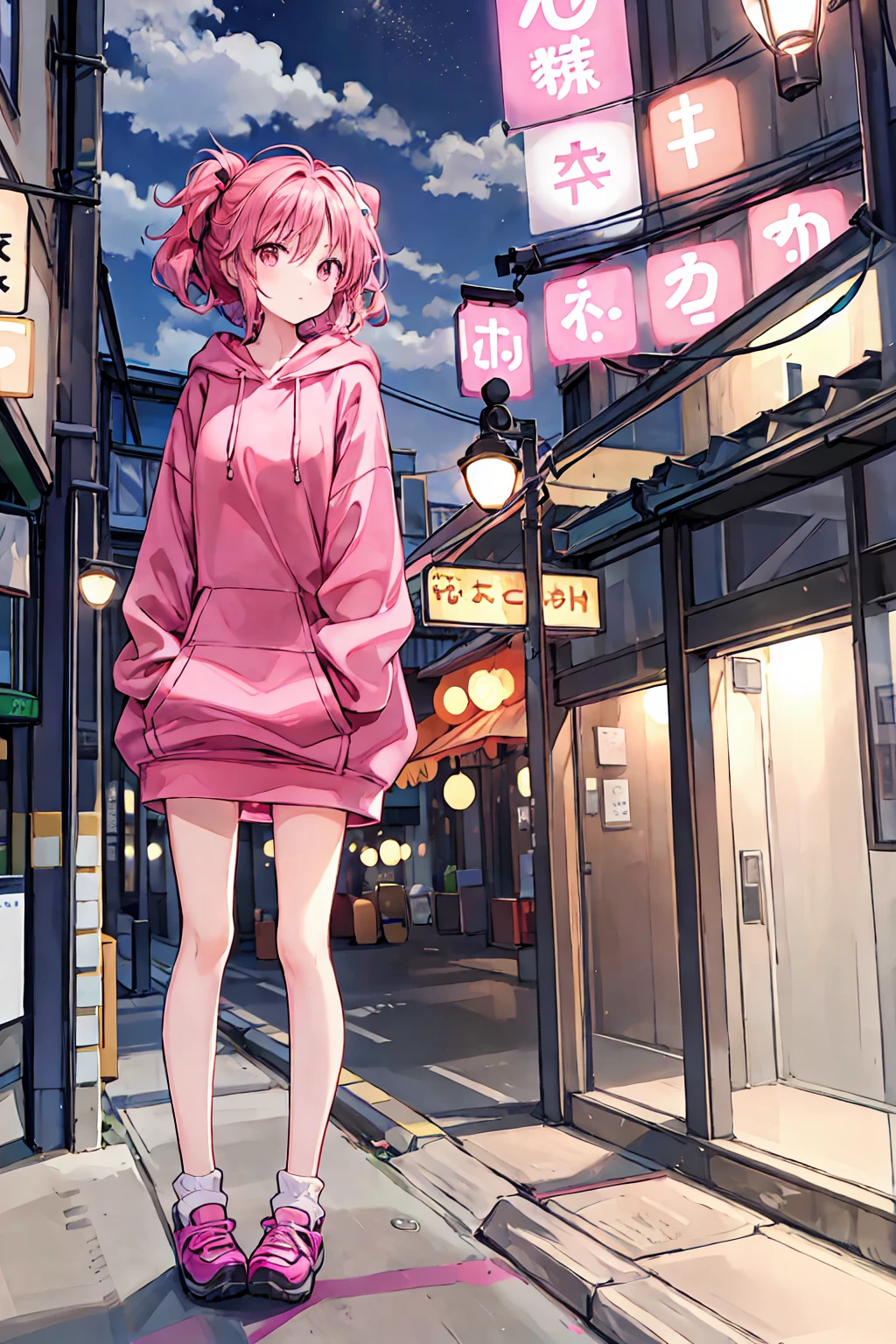 pink hair, medium length hair, brown eyes, girl, warm، pink hoodie, 18 years, night city, asian, outside of city, sitting on a rock, on mountain,japan,cute, shorts