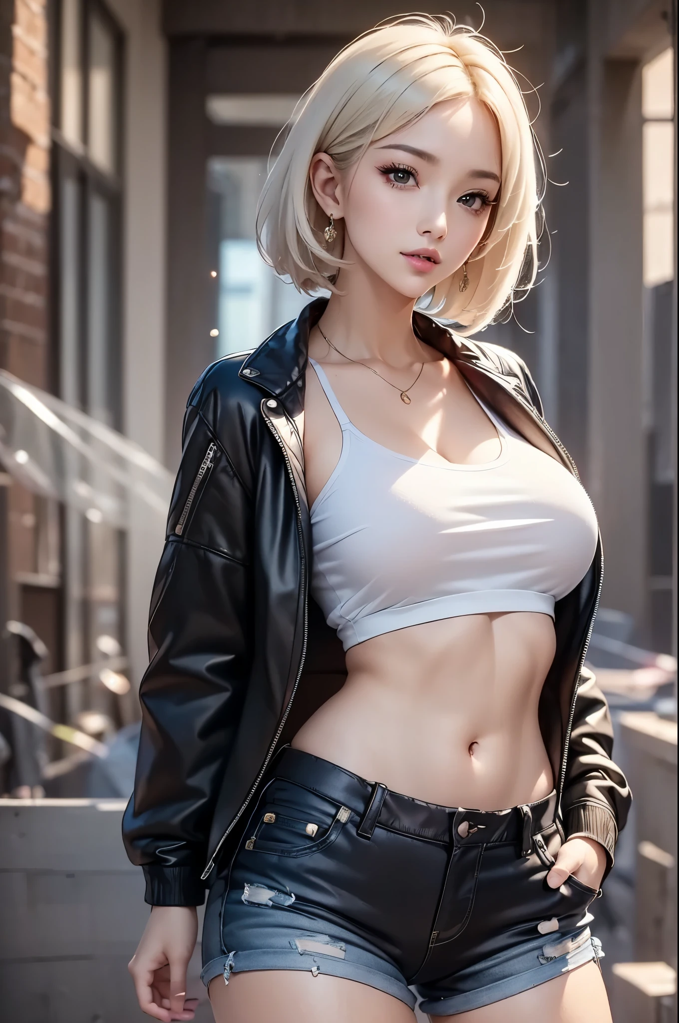 ((masterpiece:1.5、8k、Portraiture、Photorealistic and very detailed CG、Very detailed、Particle Effects、Dynamic Effects、Written boundary depth、Cinematic Light、Lens flare、Ray Tracing、Tabletop、Realistic:1.4、Ultra-high resolution:1.2、Realistic、Realistic)). 1girl, white hair, medium breasts, detailed face, sweet girl face, casual fashion. tank top shirt, jacket, short pants , underboob, navel