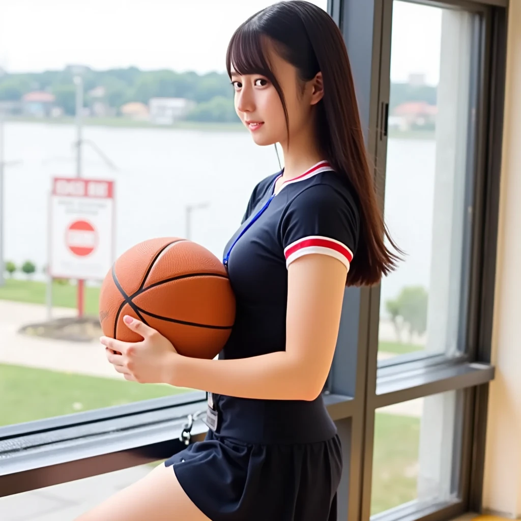 Tamao, a beautiful girl in school, under the nature light from window, looking the window, school uniform with short skirt, tight and slim body t-shirt, , she hold the basketball in front of her chest and press on her chest hardly, Detailed texture of the skin, showing pores, fine lines, and a healthy glow,