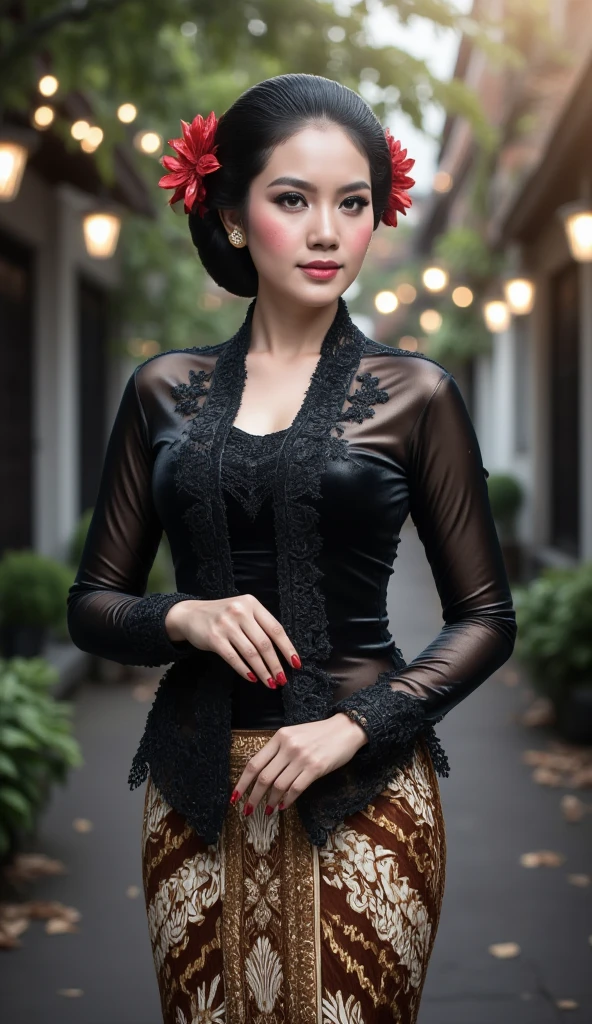 This photo is a sepia-toned image of A graceful Indonesian woman gracefully in an outdoor environment. She wears a transparent black   kebaya with detailed floral lace and transparent long sleeves, paired with a traditional brown and gold batik skirt. Her makeup accentuates her features with pink blush, full eyebrows, and coral lips. Her black hair is tied neatly back in a bun, decorated with red flowers. The background is filled with soft focus greenery and warm ambient bokeh lights. (Full body,
Large breasts, Masterpiece, High Resolution, )