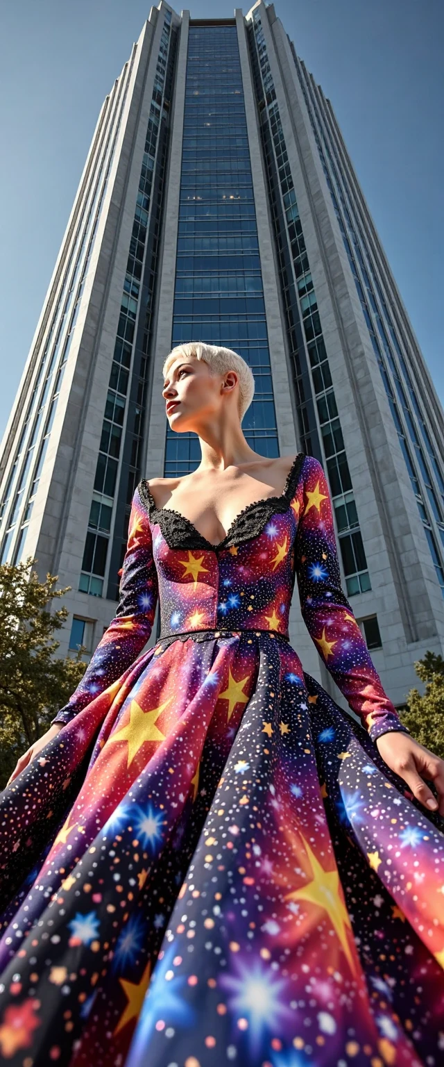 her name is Amelie, high quality, 1girl, ((25-year-old fit Caucasian woman)), ((25 years old)), ((BODY TYPE: HOURGLASS)), ((Neon Hair)), smiling, pose: standing, wearing Well-dressed ULTRA MODERN Generation-Z modern wear bright colored, BACKGROUND: "Walking along the illuminated Champs-Élysées with the Arc de Triomphe in the distance and the city lights twinkling."