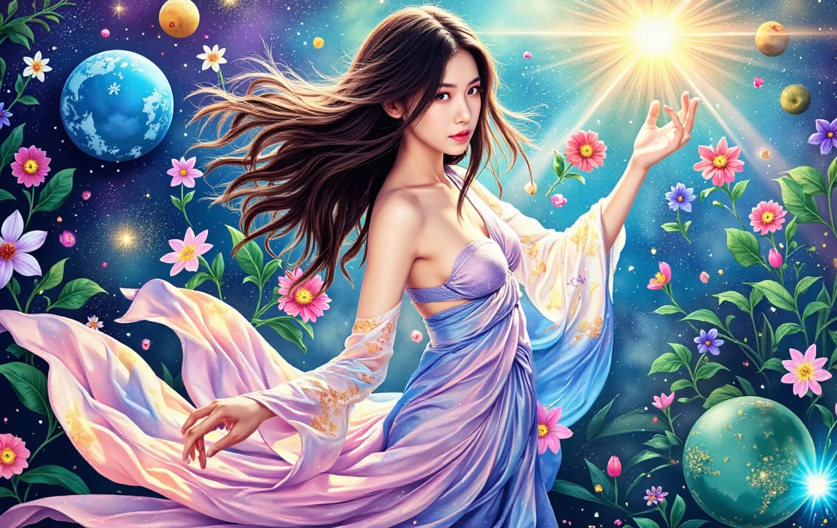 1xknh1, (full-body shot:1.4), Space Art, 1 Cheongsam woman,whole body,Standing,Transparent robotic arm,slim body,Perfect proportions,Exquisite hair accessories,Smile,Transparent mechanical shoes,Oriental elements,(bokeh),high quality,4K,3d