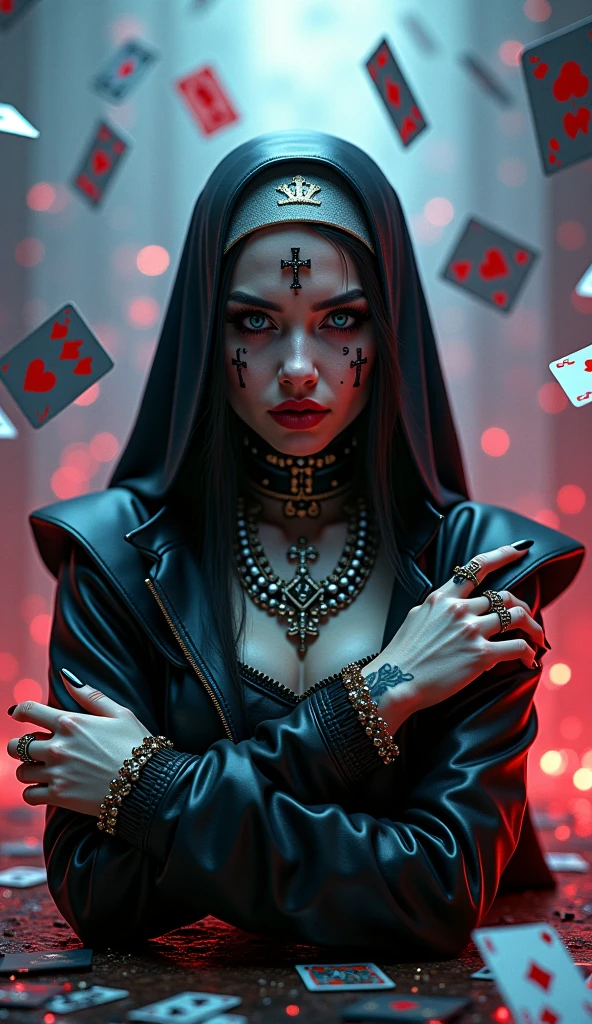 woman dj nun looking at the camera while playing a dj controller, dark, horror, red tones, gothic church in the background with vampires dancing behind her, ultra realistic, horror movie lighting, scary, chaos, neon lights in the background, realistic, dark, huge breast, Fujifilm Fujichrome Provia 100F movie, flashlight, ultra realistic, 8K UHD. --auto --s2
