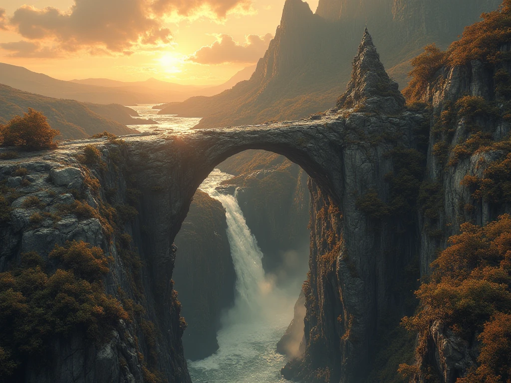  The monumental stone bridge ,  Thrown over the waterfall ,  surrounded by rocky mountains .   Giant stone figure ,  waterfall, resembling a man in a hood ,  sits on the edge of a cliff ,  over the bubbling water .   The architectural structure ,  similar to an ancient castle or fortress ,  is carved into the rock above the .   General lighting — sunset ,  with golden and orange hues ,  emphasizing the texture of the stone and the drama of the waterfall .   A detailed image of the relief of the mountains and surrounding vegetation .  A deep panoramic perspective demonstrates the significant scale of the landscape.   The fascinating landscape creates an atmosphere of mystery and grandeur .   Style - epic fantasy .   Landscape genre .   high definition ,  detailed image.  Water drops should be visible ,  fog over the waterfall , and the texture of the stone .