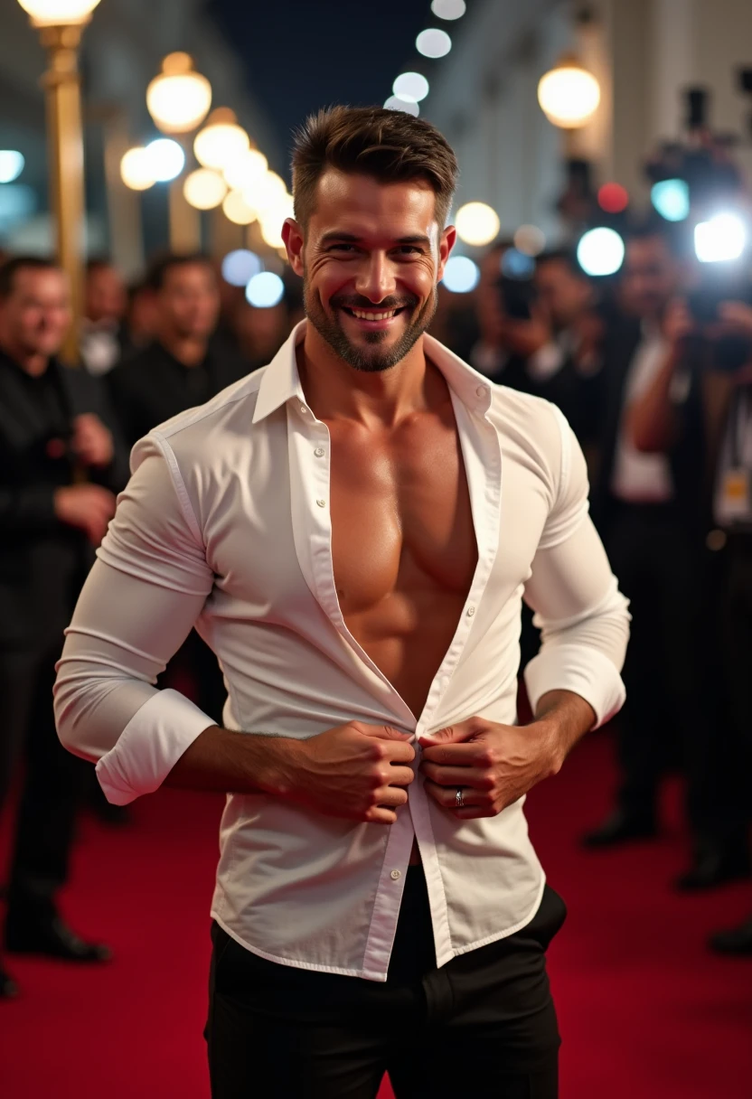 Pipe bueno goes shirtless in front of crowded people on a City Street.his nipple touched by the Guy. He gigles. He laugh. The wind blow the coat. He just wear the black suit with no Shirt inside.