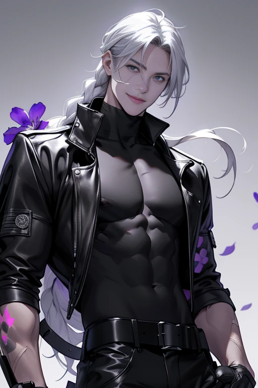 full HD, 4K, better quality, ((1 Adult man, 40 years))), ((white long Hair)), ((grey eyes)),long braid, black turtleneck, black trousers, Black background, Large assembly, Pumped up body, good anatomy, (super detailed face), (Detailed eyes, Even the eyes), soft look, soft expression, ((sweet smile)), Dynamic pose in a white cloak, military, half-naked chest, tattoos on the body, glowing light, ( violet flowers at the background), scars on the chest, look to the side, cyberpunk style, keeps one hand in his pocket, he looks away, (Dynamic pose), leather gloves