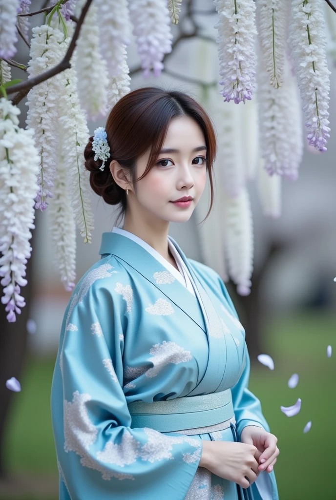 A woman in a sky-blue kimono adorned with cloud patterns stands amidst blooming white wisteria, with petals gently falling around her, creating a serene and dreamlike atmosphere.