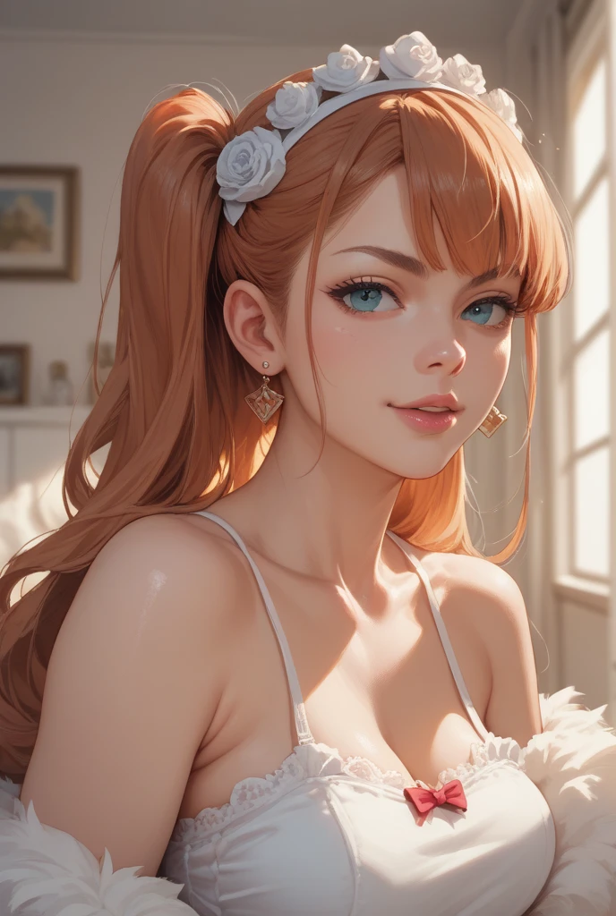best quality,Game CG,1 Girl, masterpiece, Cleavage exposed,best quality, 8K, Delicate skin texture, Detailed fabric texture, Beautiful and delicate face, Intricate details, Extremely detailed, Audrey Hepburn, Hero, Straight red hair, (Half Body:1.2)