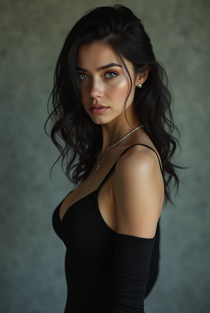 Drawing of an Ultra hot gorgeous European goth woman. Age 23. Porcelain skin. Loose black t-shirt with black sheer lace.Cleavage. (((Bruce timm style)))