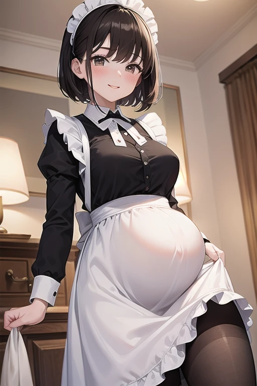 Beautiful pregnant female maid, mature, bunny ears, wants to have sex with me, cleavage, maid dress, brown hair