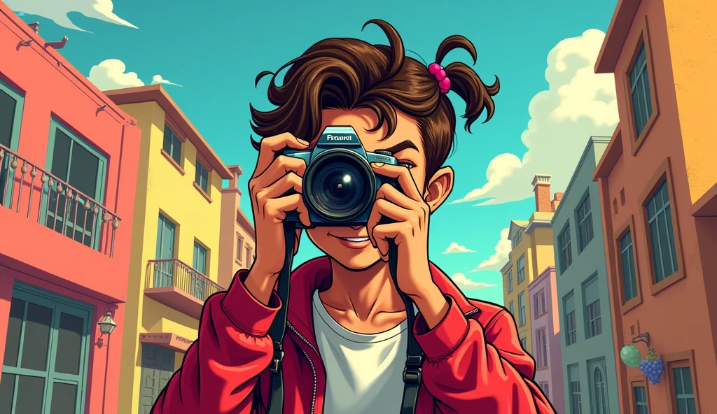 Jean smirking, camera in hand .comic style