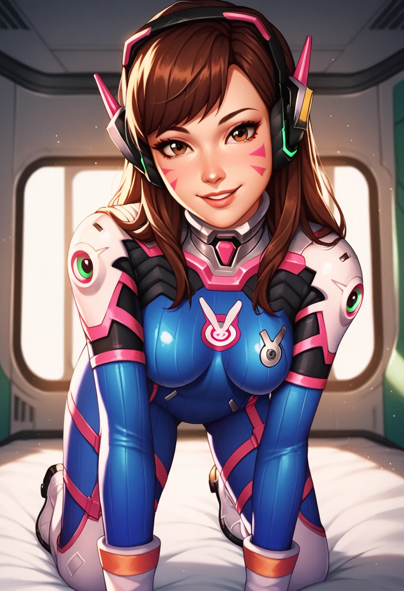 beautiful, Camel toe, maximum resolution, 8k, photorealism, Woman cosplaying DVA from Overwatch, wearing tight clothes and smiling at the camera. high quality, technological setting.