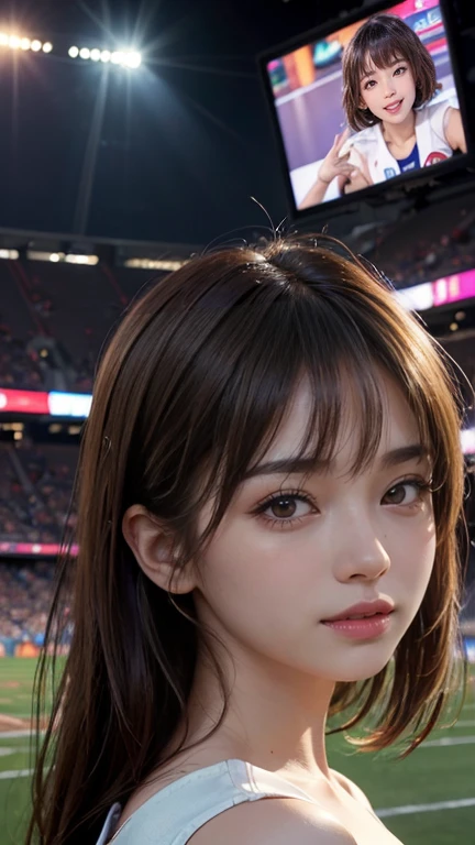 On/Off, Pictures of , Split screen,(( best quality , 8k,  Photorealistic:1.4, Masterpiece)), backlit,  I ejaculate on a woman with very detailed facial textures,  from the side 1 girl , Japanese ,28 years old, (((Caucasian Cheerleader :1.2))), ((Stadium Background: 1.2)),  raise arms, Ultra precise skin , Beautiful Makeup,  detailed eyes, smile,  open your mouth,  shiny brown unkempt short hairstyle, slender body,(cat),