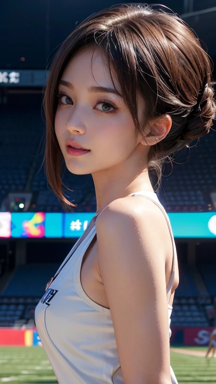 On/Off, Pictures of , Split screen,(( best quality , 8k,  Photorealistic:1.4, Masterpiece)), backlit,  I ejaculate on a woman with very detailed facial textures,  from the side 1 girl , Japanese ,28 years old, (((Caucasian Cheerleader :1.2))), ((Stadium Background: 1.2)),  raise arms, Ultra precise skin , Beautiful Makeup,  detailed eyes, smile,  open your mouth,  shiny brown unkempt short hairstyle, slender body,(cat),