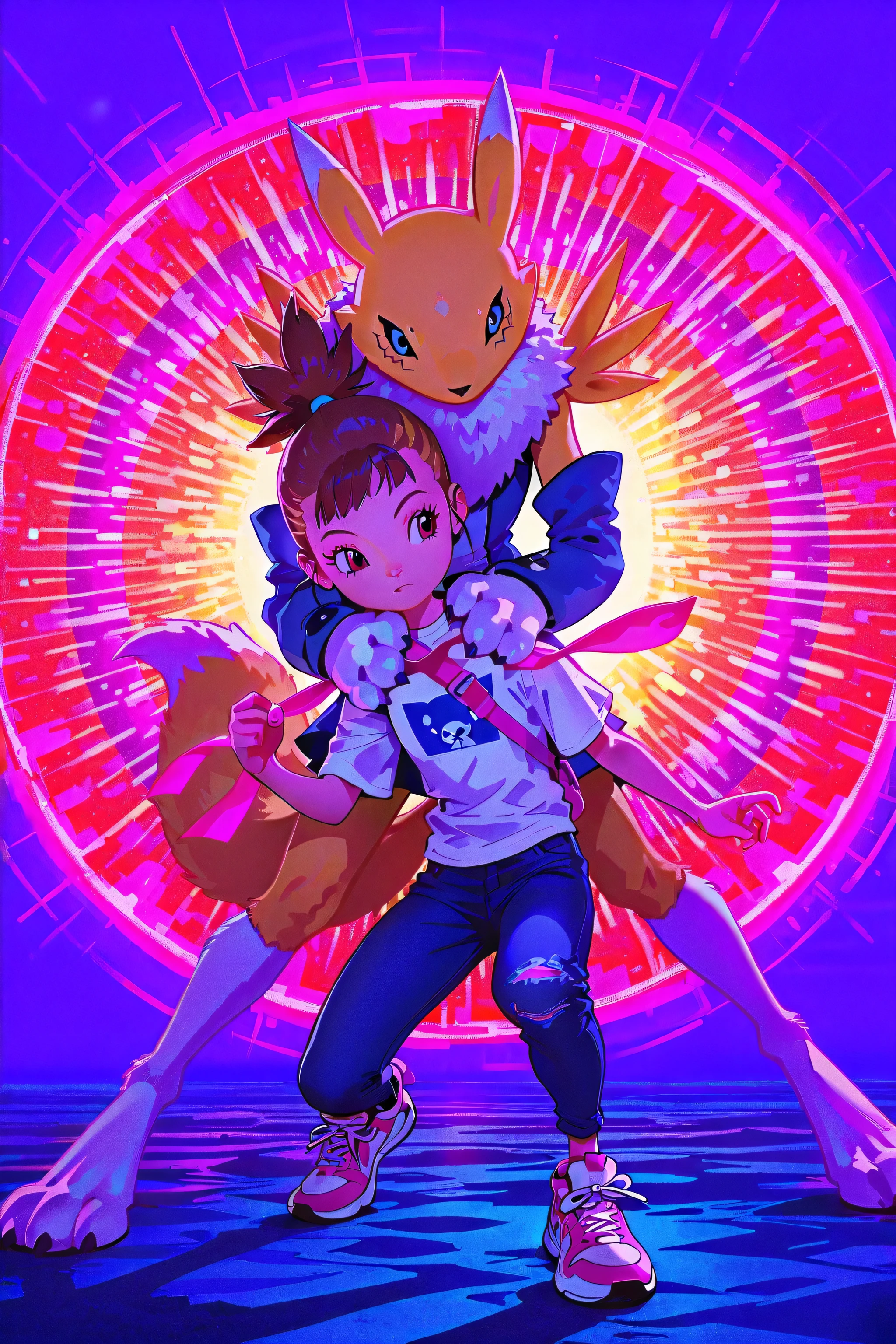 (duo),(girls), renamon and rika_nonaka, digimon tamers, [renamon=" furry, renamon:1.5, white necktulft, fluffy, tall, slim, three fingers, white paws, yellow tail"][rika_nonaka=" human girl, orange heairs, ponytail, short ponytail, young, slim, purple eyes, rika's nonaka shoes, detailed shoes, high detailed, anatomically correct,wears blue jeans and white shirt(white shirt with blue shoulders),"] . renamon hugs rika posture, japanese style illustration, sdxl, expressive hair, high detailed, masterpiece, (dynamic), high resolution, best quality, detailed eyes, pop art, handheld shot, breathtaking digital art, trending on artstation, by atey ghailan, by greg rutkowski, by greg tocchini, by james gilleard, 8k, high resolution, best quality