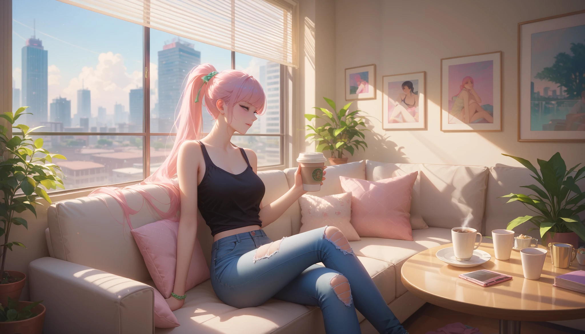 "A woman with pastel green and pink hair tied in a ponytail sits on a modern sectional couch in her urban apartment living room, typing on a sleek laptop. She is dressed in a black tank top and ripped jeans. The sunlight streams through large city-view windows, reflecting off a glass coffee table holding her coffee cup and a few notebooks. The urban skyline in the background contrasts with the cozy, lived-in feel of the room."