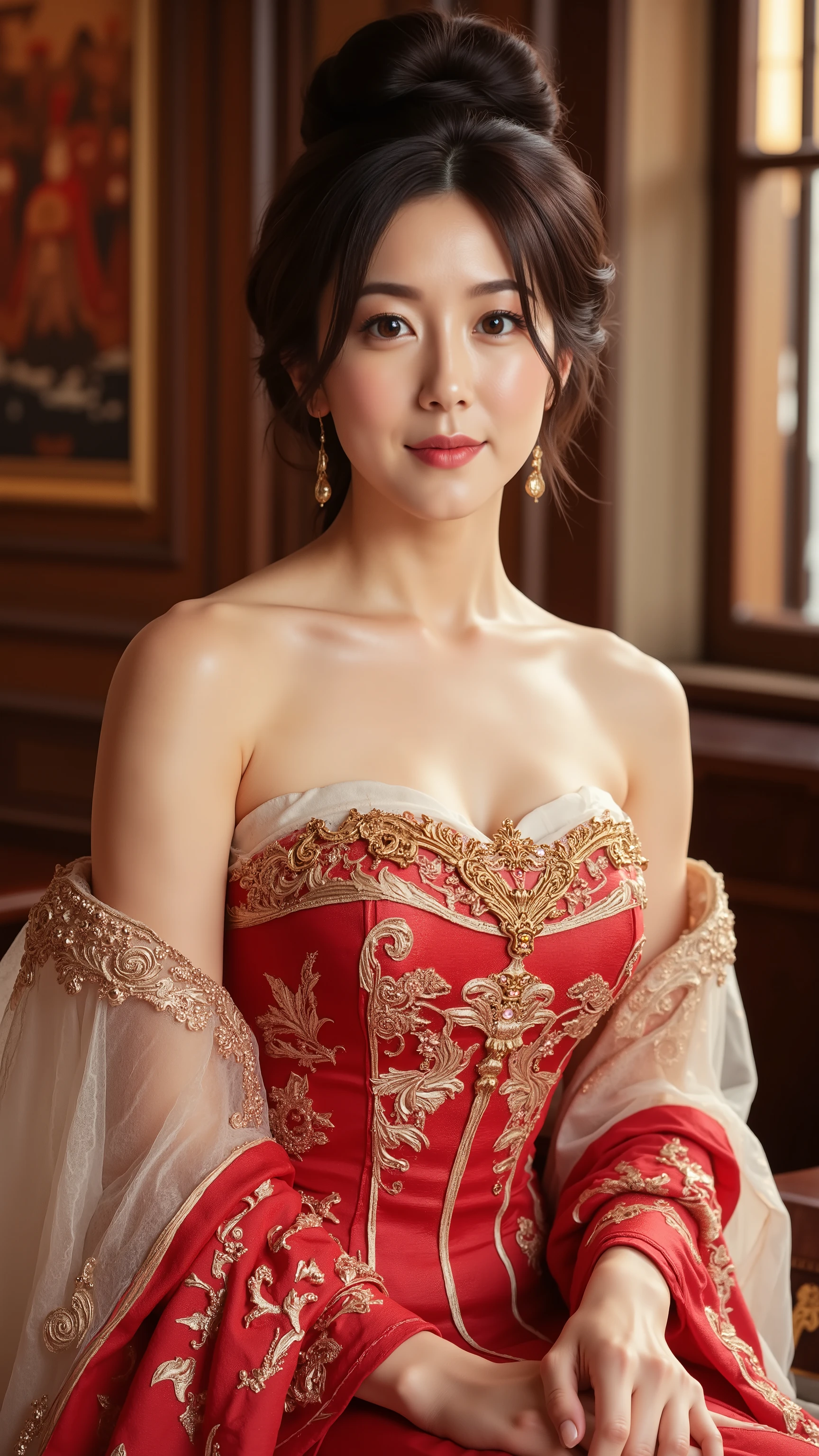 ((highest quality、8K resolution、master masterpiece、professional photography)), Photoreal, 1 Japanese woman, beautiful woman, (50 year old beautiful princess:1.3), (Wrinkled face:1.2)、wrinkles around the eyes, Plump and soft body、clavicle、The most elegant and beautiful hairstyle、Romantic evening,(smile shyly at me:1.2)、Look at me lovingly、(Luxury bedroom of the most classy princess:1.2)、((Finest chandelier、Top quality giant bed、top quality decorative curtains、finest jewelry decoration、top class interior))、(The finest pajamas for the most elegant princess:1.2)、(The most luxurious and highest quality giant tiara:1.1)、big and full breasts,Emphasis on bust、perfect makeupアップ,Dark red lipstick,perfect makeup,eye shadow、long eyelashes、great movie lighting,romantic lighting、(very moody and romantic:1.1)、Beautiful skin with super high detail、blurred background、premonition of love