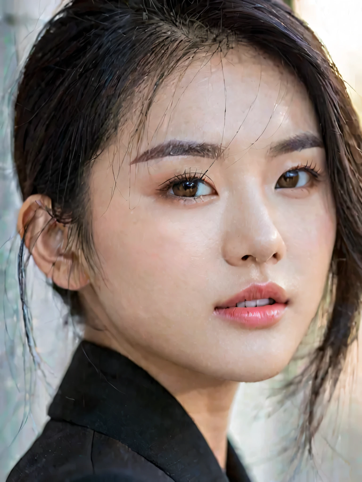 beauty young asian girl, cold-blooded eyes, wearing black suit, wolfcut hair-style, oval face-type