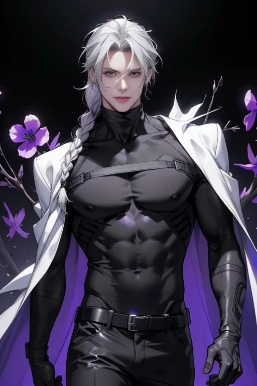 full HD, 4K, better quality, ((1 Adult man, 40 years))), ((white long Hair)), ((grey eyes)), one long braid, black turtleneck, black trousers, Black background, Large assembly, Pumped up body, good anatomy, (super detailed face), (Detailed eyes, Even the eyes), soft look, soft expression, ((sweet smile)), Dynamic pose in a white cloak, military, half-naked chest, tattoos on the body, glowing light, ( violet flowers at the background), scars on the chest, look to the side, cyberpunk style, keeps one hand in his pocket, he looks away, (Dynamic pose), leather gloves