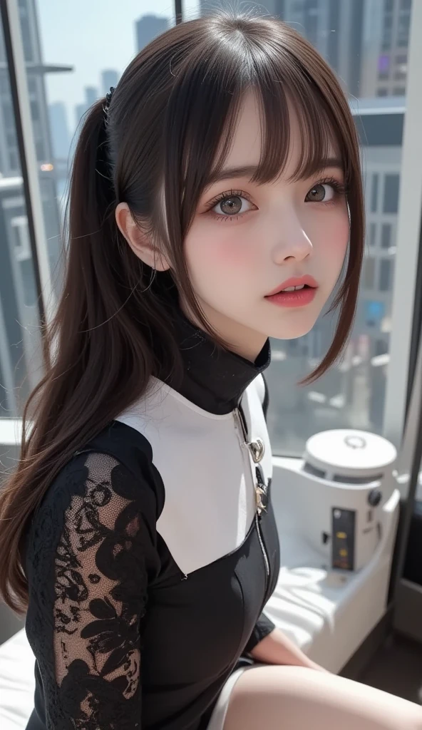 8k, ultra high definition ,   best quality , Masterpiece,rule of thirds,golden ratio, surreal,photograph,  one woman,(  girl :1.3), cute, cute顔, 細部まで  beautiful eyes, 細かく Details, mature woman, princess,full body,smile, black hair,drill hair,ID photo,future, Brutal Cyberpunk Woman, luxurious and beautiful , hotel room,((black lace bondage fashion :1.5)),  big window, with skyscrapers in the background , Fashion, Luxurious Decor,(BDSM Femdom),(Cute  girl ),(Upper class woman:1.5), Expression of Despair , dark atmospheric lighting , Delicate details ,   Detailsな顔,anger,  charming eyes,(ポートレートphotograph:1.4), fantasy art ,(  beautiful faces:1.4),美しく  charming eyes、  beautiful eyes,Silver Remaining,(  thin waist:1.4)、( Beautiful :1.4),  pink lips, profile,(((  ideal body shape))),Small bust, A cup :2,、 portrait:2、  perfect anatomy 、鮮明な  Details、  Details, thin lips,完璧で  beautiful faces ,完璧で cute顔,   Meticulous Skin  ,  Perfect Limbs 、  thin waist,  surreal,Light and Dark,  fashion magazine cover,glowing