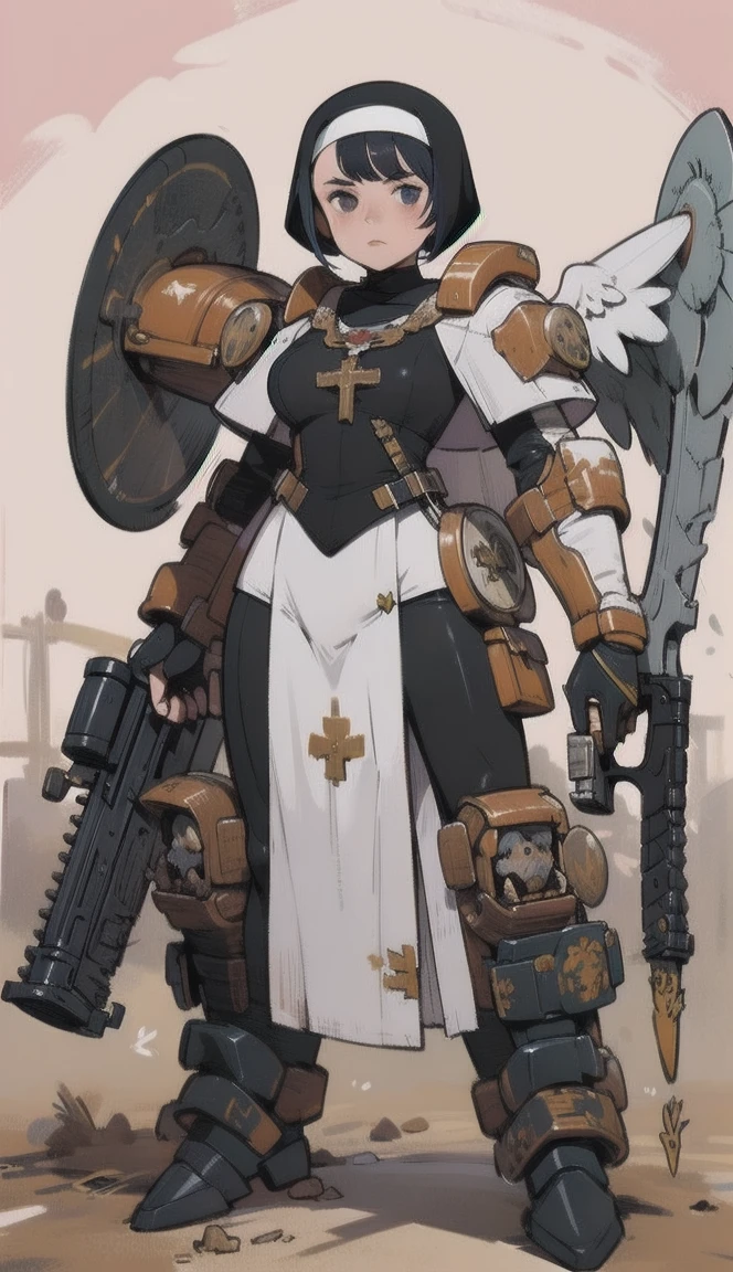 1  woman, High Definition Art , girl in armor ,  armor,  full body, black armor, Image of an angel,  (veiled nun), (exoskeleton:1.3), aiming a flintlock rifle at viewers,   combat stance, flintlock rifle