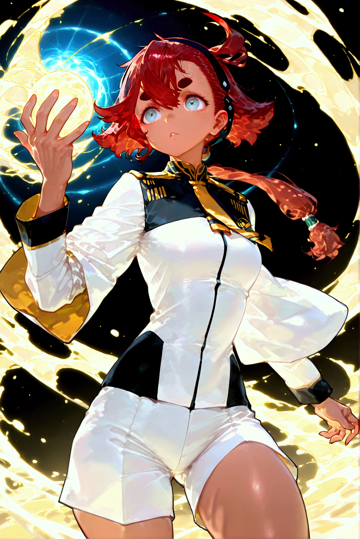 A teenager girl with short brown hair, delicate features, a focused gaze, a determined expression, she has a petite figure akin to a gymnast, adorned with a long flowing cape-like scarf in red and yellow hues, a fantasy-realism-style gymnastics leotard with a long hemline attached, paired with matching leggings, ((black as the main color, complemented by red and yellow accents)), (she poised on a vast stage enveloped in mystery, she emitting a sacred glow in the dim environment), this character embodies a finely crafted fantasy-realism-style dancer in anime style, exquisite and mature manga art style, perfect body, porcelain skin, high definition, best quality, highres, ultra-detailed, ultra-fine painting, extremely delicate, professional, anatomically correct, symmetrical face, extremely detailed eyes and face, high quality eyes, creativity, RAW photo, UHD, 32k, Natural light, cinematic, masterpiece-anatomy-perfect, masterpiece:1.5