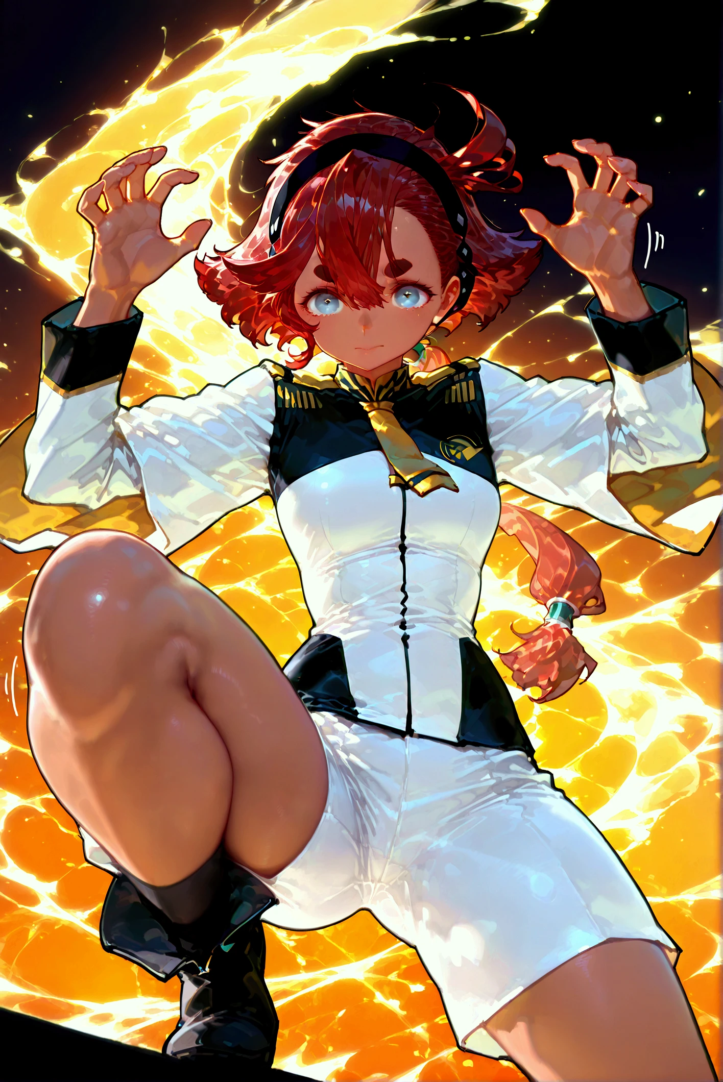 ((Masterpiece)),((top-quality)),Accurate clothing,((Beautie)),((Realistic drawing))(((Red Blazer:1.3))),(((Red vest:1.3))),(((Beige leotard:1.3))),((flat udder)),((Slim thighs)), ((Blue High Socks)), ((A short silky bob that falls straight to shoulder length:1.3)), ((short hair towards the back of the head:1.3)),Dissatisfied look,Blushing with embarrassment, Dark green hair, (White shirt with long sleeves), (Blue tie), Loafer Shoes, High school students,Tall,Soft skin, Nice big dark green eyes (High detail eyes). uniform, Teen Girl, Park with fountains, Dating,( Colorful splashes) ,colorful bubble, Floating Droplets, Perspective, Overhead configuration, f lare, Fine Features, Perfect Anatomy Tommy, Centered, Perfect distance, Highly detailed, with an intricate, precise, Highly detailed rich colors, taming, Rich colors, precise, clean, Rich colors, elaborate details, golden ratio illustrations