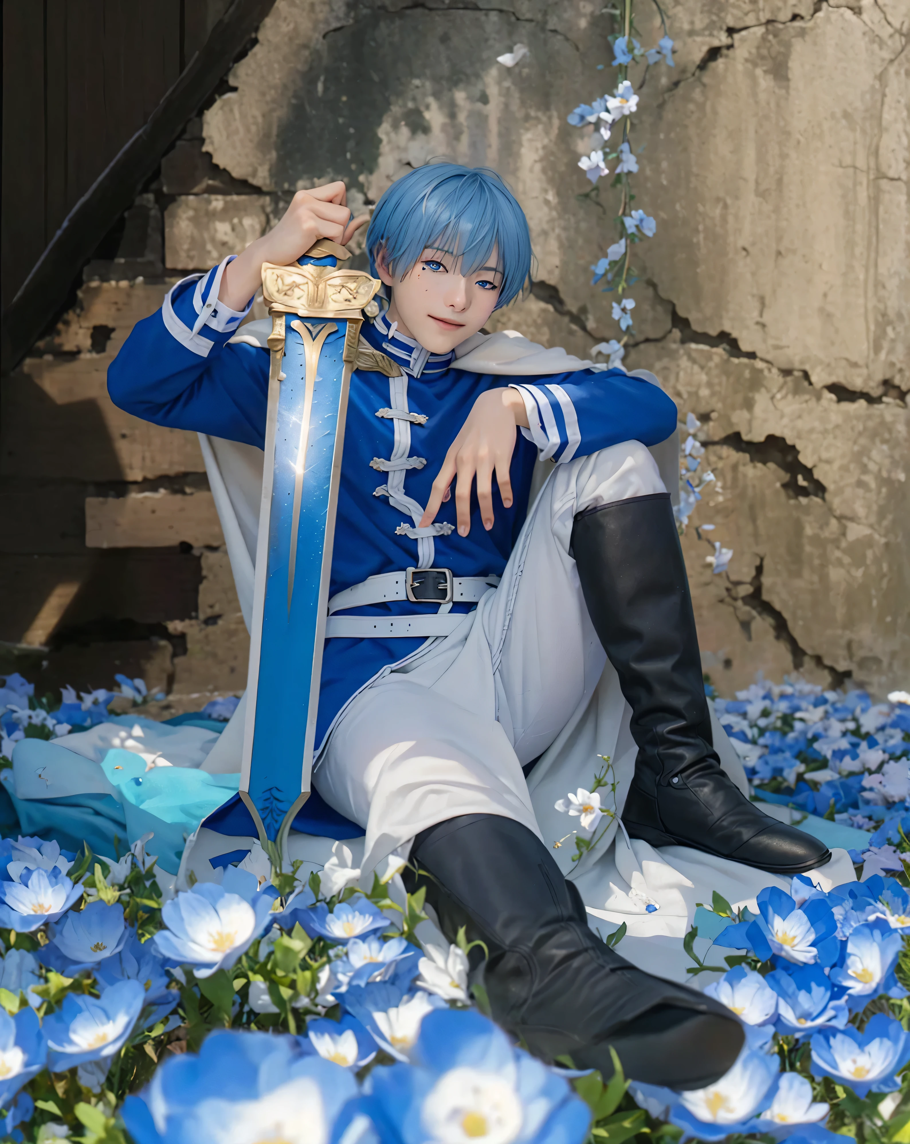 ((HIMMEL_SOUSOU_NO_FRIEREN),((realistic, photorealistic)),(highlight hair)), Light reflection, (( HD )),((upper body)), (((best quality, masterpiece))), (masterpiece) (best quality) (detail) (8k) (HDR) (wallpaper) (cinematic lighting) (sharp focuasterpiece, best quality: 1.1), Real life adaption of this character, Asian teen beauty face, Shining Purple eyes, realistic outfit, realistic shadow, realistic light, realism, hyper realistic, realistic background,(photorealistic:1.2), masterpiece((live-action:1.2)), photo of in real life,8k, A hyper-realistic movie photograph of a young man with short blue hair. He is wearing a blue and white outfit with a white cape. The character has a gentle smile on his face. The background features an ancient stone structure with arches and a clear blue sky. Colorful petals are floating in the air, creating a festive and joyful atmosphere.score_9, score_8_up, source_anime, 1boy, solo, HimmelFrieren, blue hair, short hair, blue eyes, white cloak, uniform, blue jacket, white belt, white pants, black boots, full body, planted sword, holding sword, outdoors, field,masterpiece, best quality, intricate details, semi-realistic, looking at viewer, , 1boy, solo, male focus, himmel_sousou_no_frieren, blue hair, blue eyes, short hair, bangs, hair between eyes, mole under eye, focused, fuji mountain, noon, sitting, half-closed eyes,Leaning against the ruined wall, the blue flower garden,