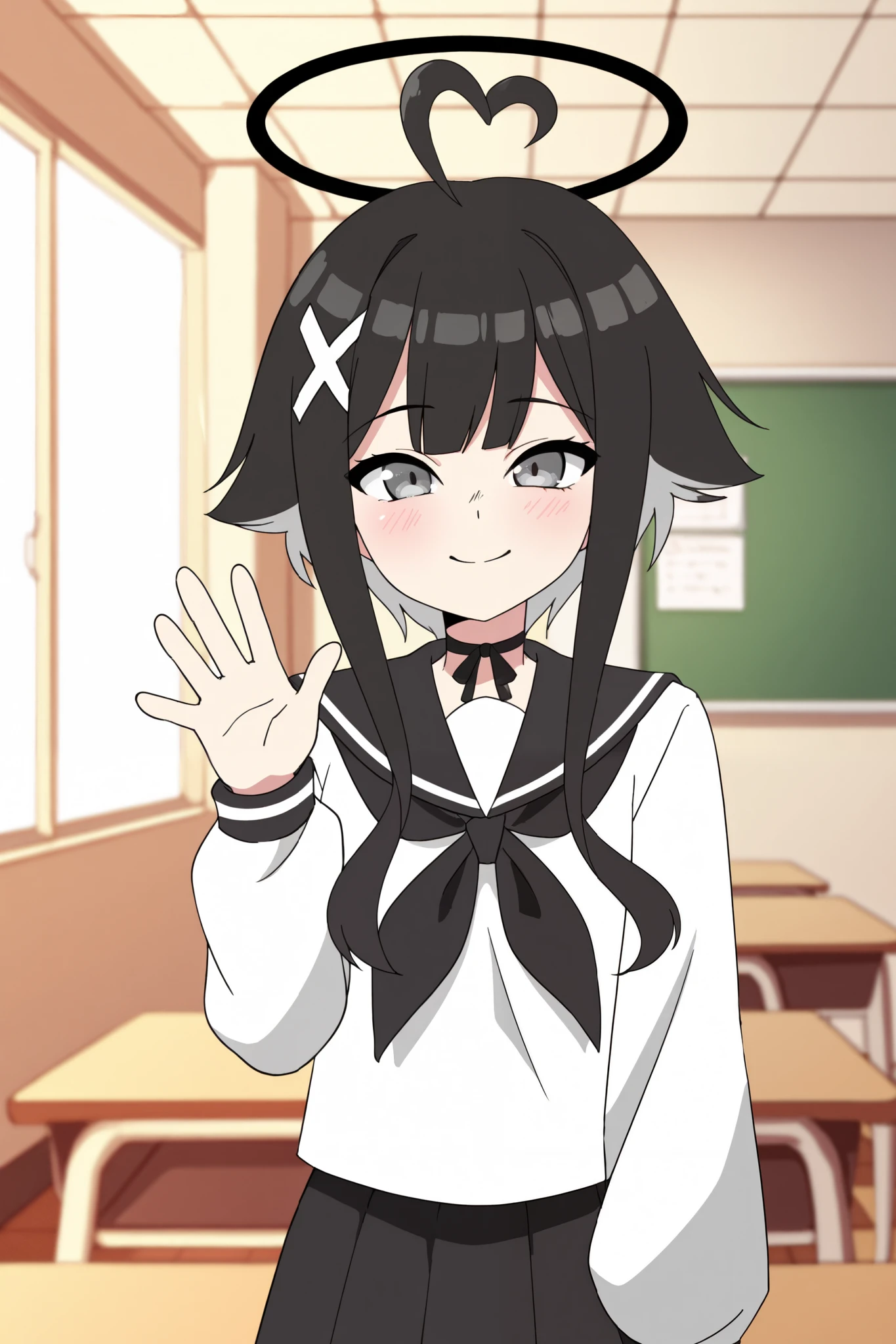 masterpiece, best quality, very aesthetic, 4k, uhd, 1girl, upper body, from front, looking at viewer, smile, waving, grey eyes short hair, black hair, multicolored hair, grey inner hair, bangs, blunt bangs, heart ahoge, ahoge, halo, black halo, hair ornament, serafuku, white shirt, untucked, collared shirt, sailor collar, neckerchief, black neckerchief, long sleeves, skirt, black skirt, pleated skirt, choker, x hair ornament, long sleeves,sidelocks, long sidelocks, ribbon choker, indoors, classroom, morning, tables, chairs, windows, windows open, wind, soft lighting, Depth of Field, soft focus, anime coloring,