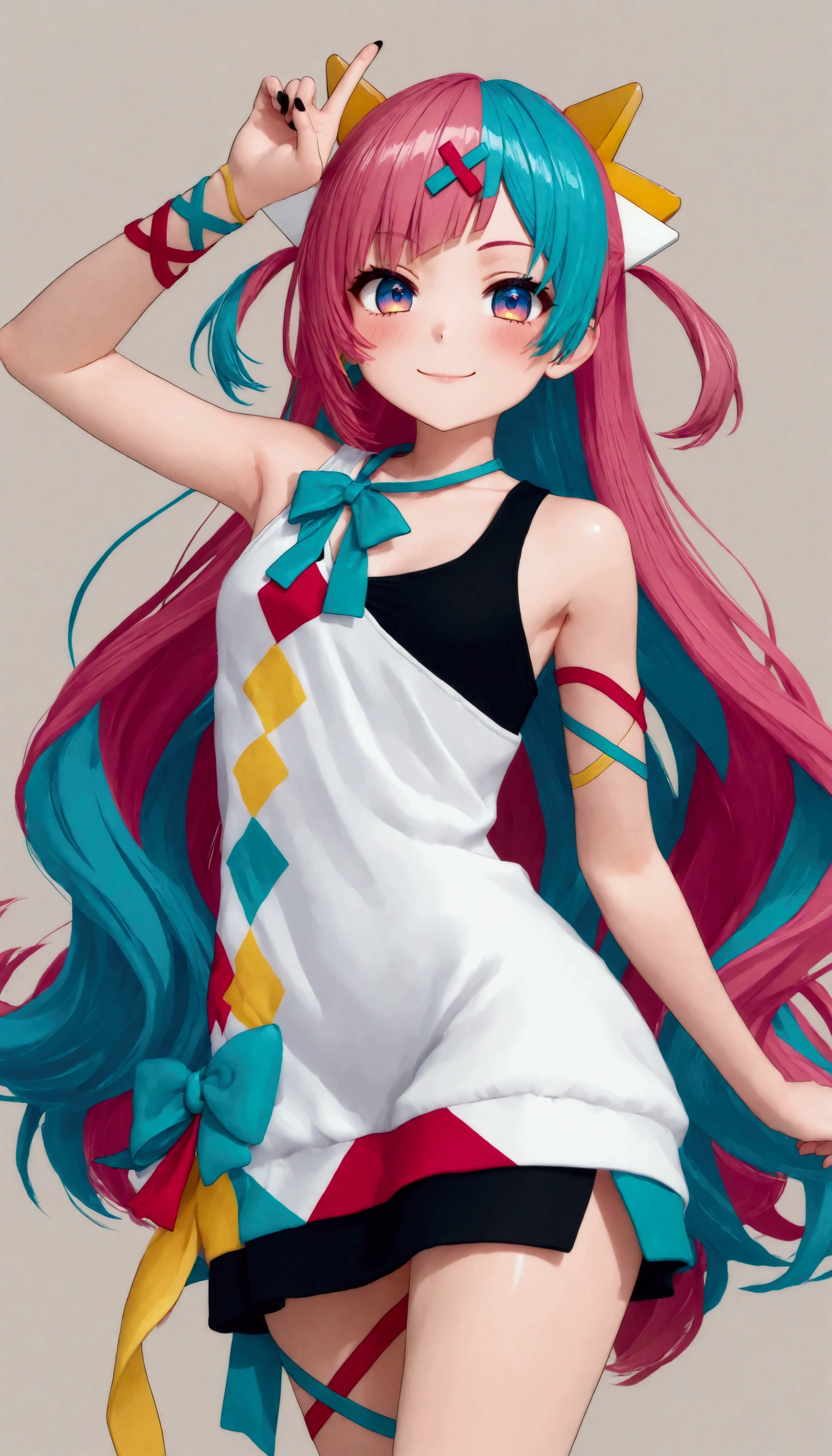 from the side 1 girl \(( Pinky Pop Hepburn\( virtual YouTuber\)), dynamic poses,smile, cute,, cute hand sign, White Short Asymmetrical Dress , (Black Finger Cover ), Blue Ribbon Tie ,Sleeveless\), minimalist, bright color, pop art ,Masterpiece, best quality ,3D Model