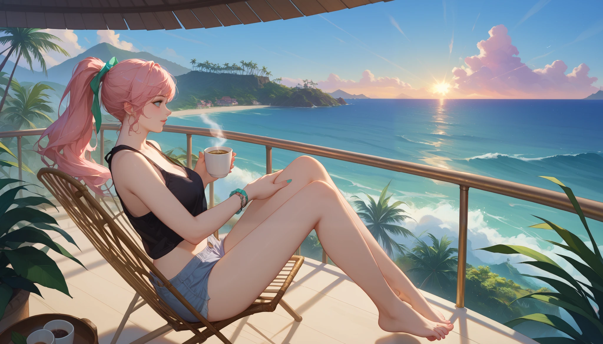 "A woman med boobs with pastel green and pink hair tied in a ponytail sits barefoot on a bamboo chair on a rooftop balcony overlooking a tropical island. She is dressed in a black tank top and loose beach shorts, typing on her laptop. A cup of coffee sits nearby, and the distant sound of waves reaching the shore blends with the gentle rustling of palm trees. The sky above is filled with stars, and the warm glow of lanterns on the balcony adds to the peaceful, island-night ambiance."