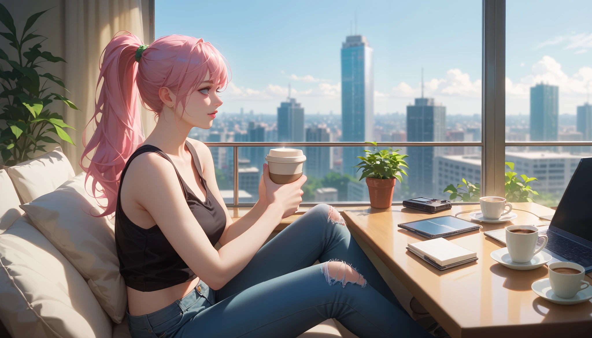 "A woman with pastel green and pink hair tied in a ponytail sits on a modern sectional couch in her urban apartment living room, typing on a sleek laptop. She is dressed in a black tank top and ripped jeans. The sunlight streams through large city-view windows, reflecting off a glass coffee table holding her coffee cup and a few notebooks. The urban skyline in the background contrasts with the cozy, lived-in feel of the room."