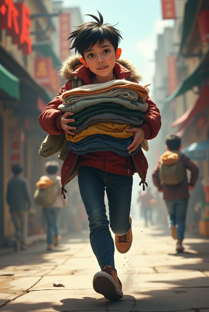 Image of an Asian Chinese boy doing a design，Full body like，Jumping action，Holding painting tools in hand，Colorful plastic bags on the background，pixar-style，adolable，Happy expression，The action is lively，3Drenderingof，Thick coating，extreme hight detail，HD8K，Fine portrayal