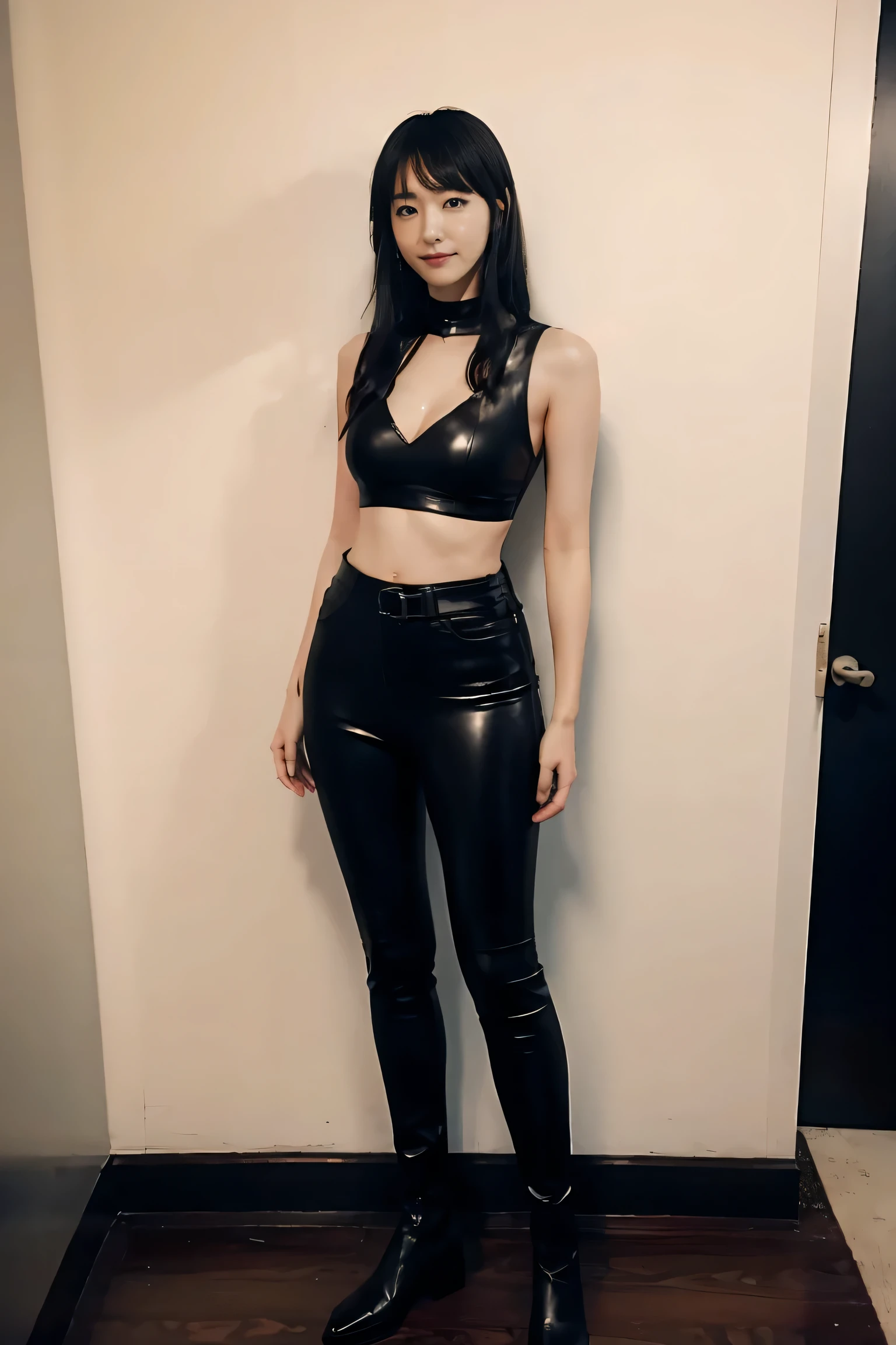 high quality photo of <lora:RebeccaBlack:1> rebeccablack
<lora:Latex_TankTop_Pants_By_Stable_Yogi:0.8> latex tank top, pants, belt, gloves, boots