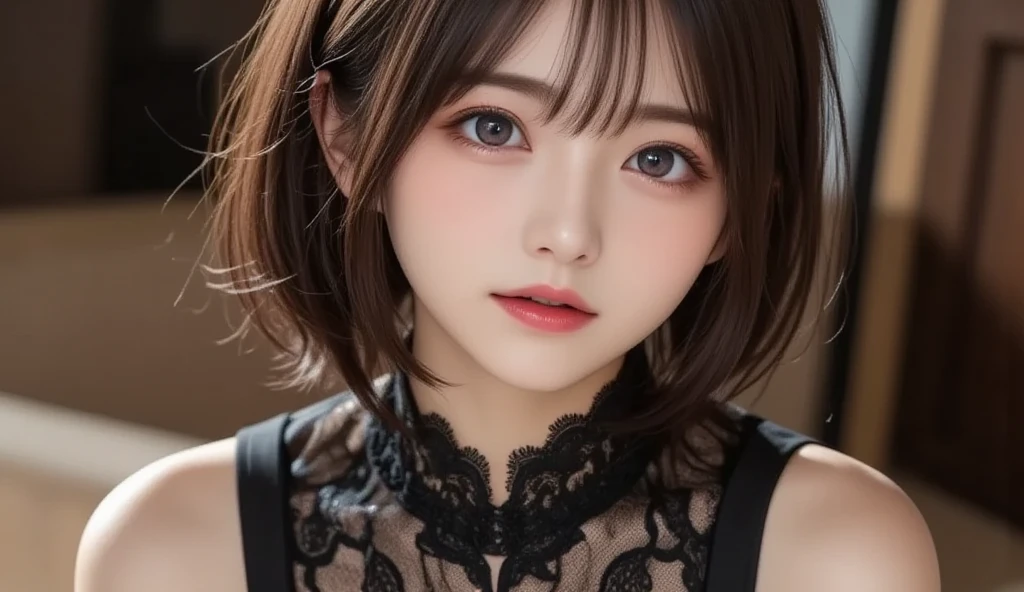 8k, ultra high definition ,   best quality , Masterpiece,rule of thirds,golden ratio, surreal,photograph,  one woman,(  girl :1.3), cute, cute顔, 細部まで  beautiful eyes, 細かく Details, mature woman, princess,extream close up,smile, black hair,drill hair,ID photo,future, Brutal Cyberpunk Woman, luxurious and beautiful , hotel room,((black lace bondage fashion :1.5)),  big window, with skyscrapers in the background , Fashion, Luxurious Decor,(BDSM Femdom),(Cute  girl ),(Upper class woman:1.5), Expression of Despair , dark atmospheric lighting , Delicate details ,   Detailsな顔,anger,  charming eyes,(ポートレートphotograph:1.4), fantasy art ,(  beautiful faces:1.4),美しく  charming eyes、  beautiful eyes,Silver Remaining,(  thin waist:1.4)、( Beautiful :1.4),  pink lips, profile,(((  ideal body shape))),Small bust, A cup :2,、 portrait:2、  perfect anatomy 、鮮明な  Details、  Details, thin lips,完璧で  beautiful faces ,完璧で cute顔,   Meticulous Skin  ,  Perfect Limbs 、  thin waist,  surreal,Light and Dark,  fashion magazine cover,glowing