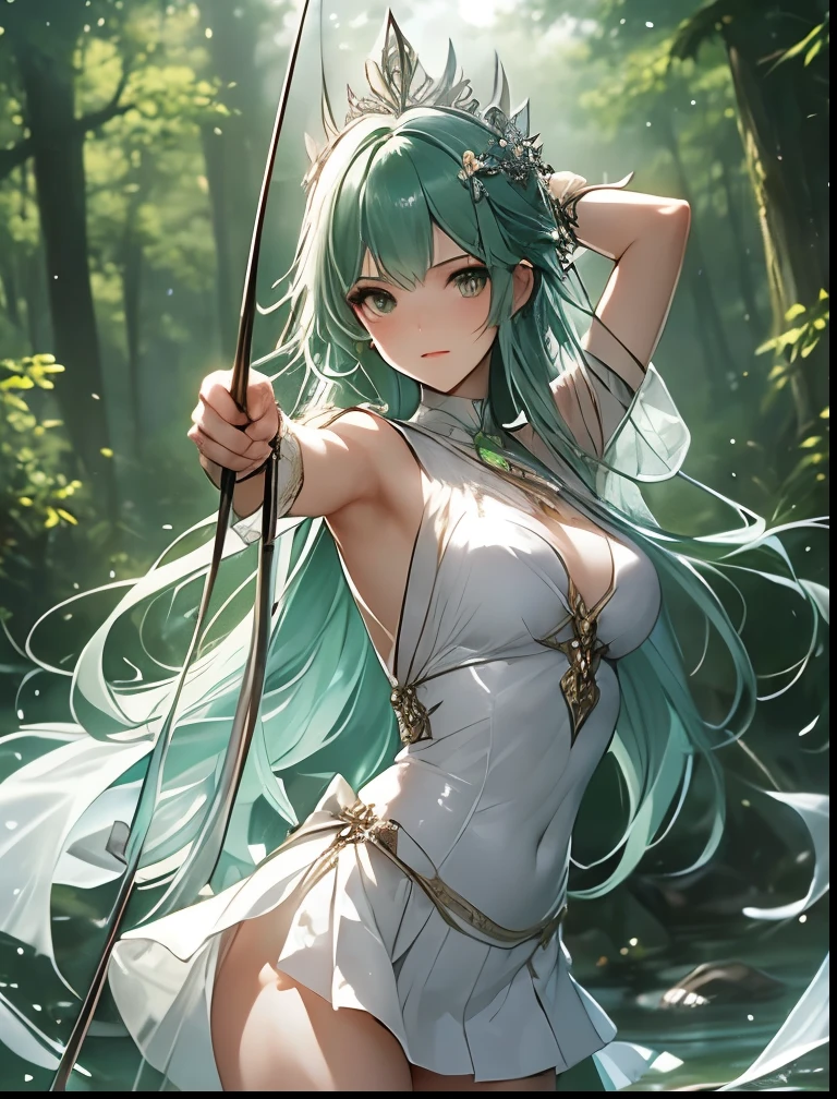 （（（ＳＦＷ、Precision、Highest quality、A first-class masterpiece、Normal body、8k、  Detailed Face 、Ultra-precision、 Normal hand、５refer to、Highest）））、Green and silver hair、 STRAIGHT LONG HAIR 、 Slender 、clear、Pitiful、Pure、Big Breasts、 Beautiful Silver Eyes 、 Fighting Saints 、Shooter、Archers、 green transparent super high leg nipple transparent leotard tone miniskirt holy armor、 Clear Erect Nipples 、Sacred Bows、crown of light、 Light Cloak 、Sense of presence、fluid、 Battle Scene 、wind、forest、 holds a bow and arrow、Shooting a bow、Squeeze out the bow and arrow 、Sniper