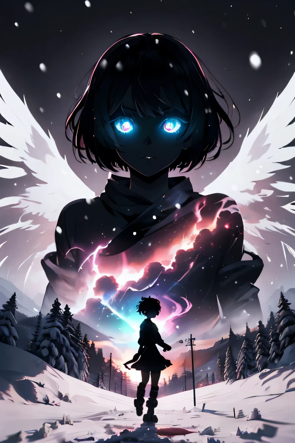  Masterpiece ,  best quality , (Silhouette:1.3), short hair,  glowing eyes , beautiful eyes, stern (Heaven), throw, Snow,