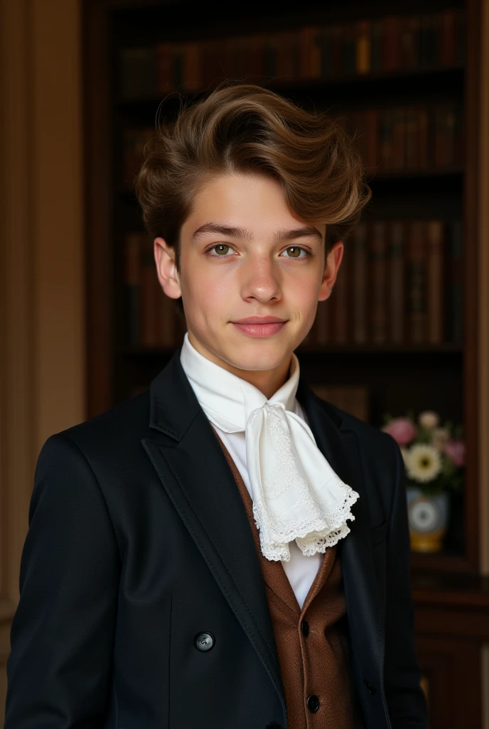 A beautiful and very tender 15-year-old boy with white skin and small blue eyes., light brown curly hair fine and serious features very serious at home formal clothing well-combed sad melancholic look without smile crying without exaggeration