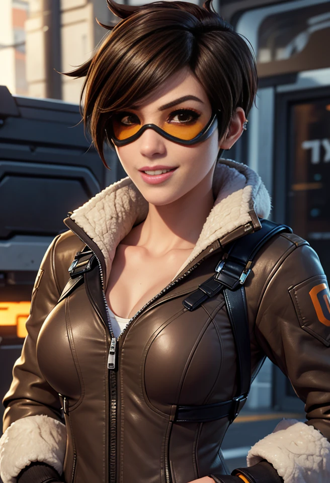 Full body framing,TracerOver, 1girl, tracer (overwatch), solo, orange goggles, brown hair, goggles, short hair, spiked hair, brown eyes, upper body, harness, jacket, bomber jacket, smile, looking at viewer, bodysuit, chest harness, bangs, parted lips, teeth, leather, lips, brown jacket, leather jacket, piercing