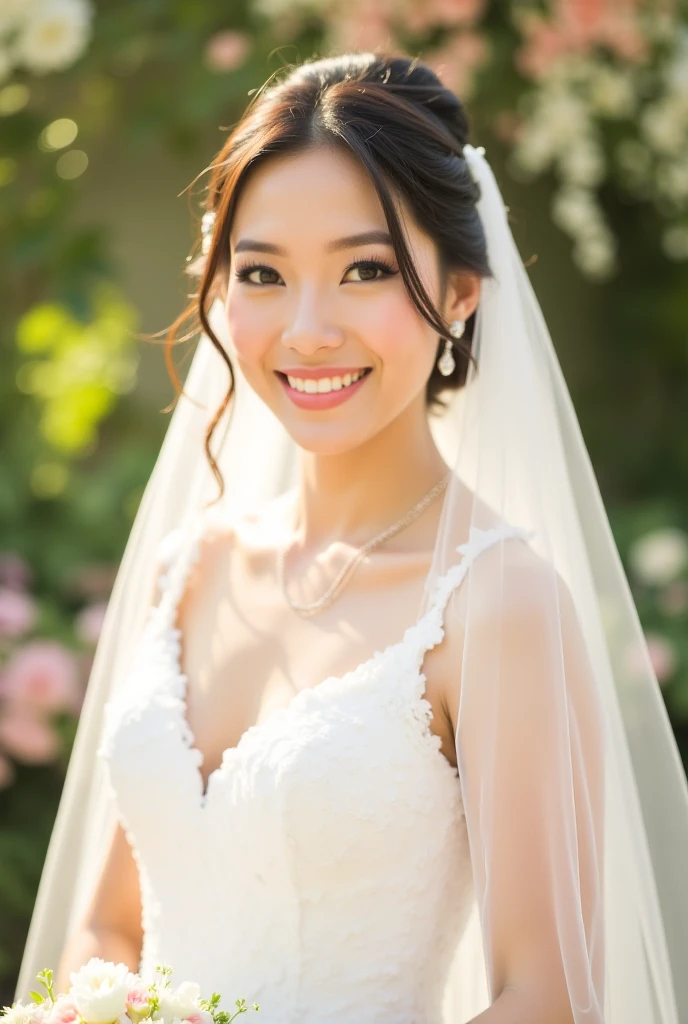 ((Highest quality)), ((8K)), ((masterpiece: 1.3)), (Perfect appearance), (Photorealism: 1.6), (AYN), (Japan Bride), (In front of the church), (sunny), Japanese women, (48 years old), (Natural light), ((Stand upright, Look forward, Center of screen)), ((Realistic skin texture)), (Fine wrinkles appear all over the skin: 1.3), (Dullness: 1.1), (Unmoisturized skin: 1.2) , (Facial wrinkles: 0.9), (Wrinkles around the eyes: 1.2), double eyelid, Lower eyelid tear trough, The eyes are looking here, Serious look, (Dimples: 1.2), Laugh with the corners of your mouth wide open, Straight medium length, (Completely naked: 1.2), (Face-hiding veil: 1.2), (Bridal Veil: 1.2), High heels, (Bouquet in hand: 1.2), (whole body), (Angle from the feet: 1.2),