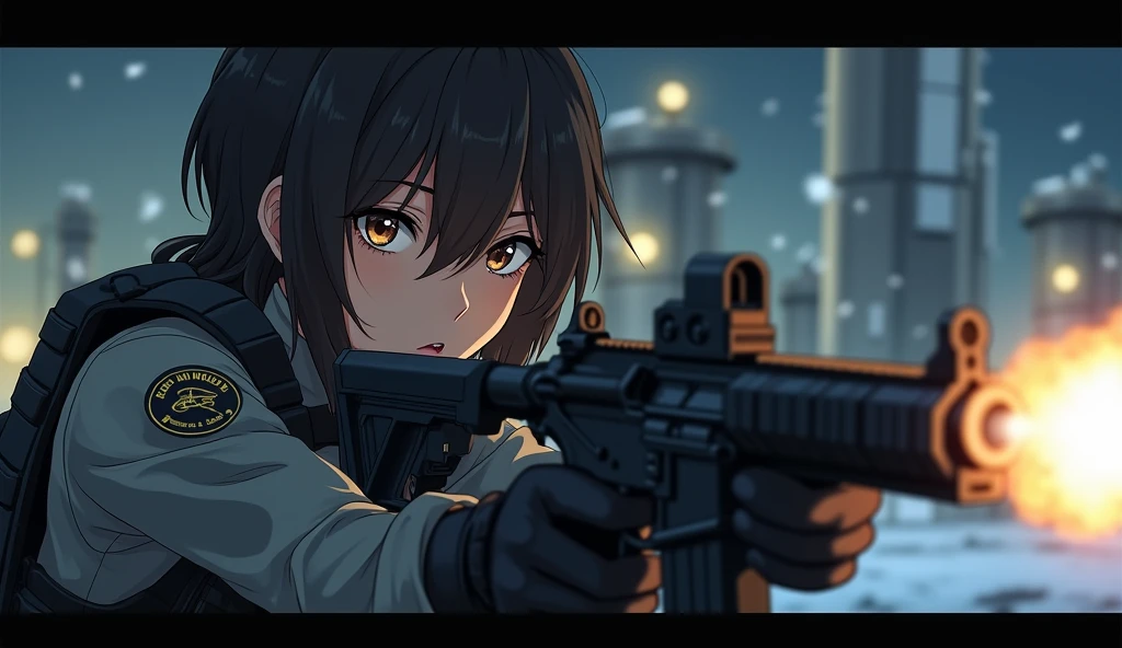 (Masterpiece:1.2, excellent quality, Mirror Finish , cinematic experience , best illustration:2.0, very detailed),8k, wallpaper,( one woman:2.0),( brown skin next to a woman:2.0), ( amber eyes :2.0), ( grey tactical bodysuit :2.0),(Black bulletproof vest:2.0),( black gloves:2.0),( crouched behind utility belt :2.0),( short hair :2.0),( black hair:2.0),( beautiful eyes),( detailed face :2.0),(Delicate female fingers:2.0),( super sexy :2.0),( she is pointing a machine gun at the camera:2.0), ((The background is an oil refinery , night, snow is falling )), (Front :2.0),( gun barrel firing a gun :2.0),(Serious:2.0)( Anime Artwork:2.0),( beautiful gradation :2.0)